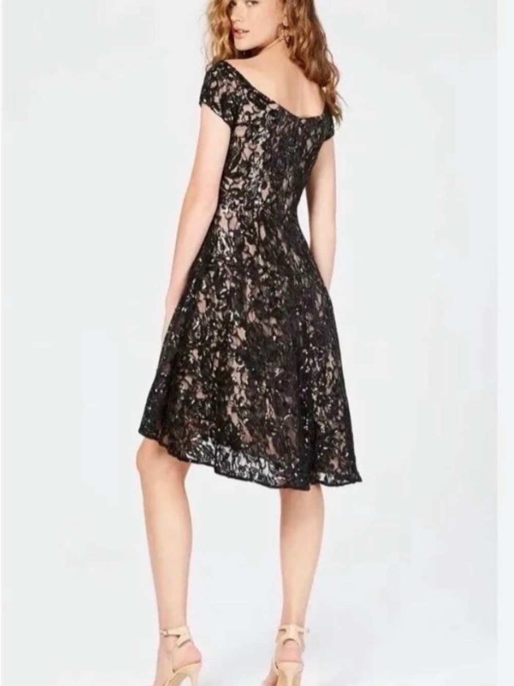 Morgan & Co. Black Lace Off-Shoulder Fit-and-Flare Midi Dress